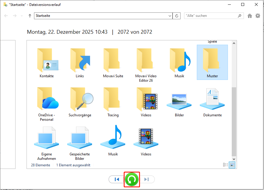 Hervorhebung der Schaltfläche Wiederherstellen.