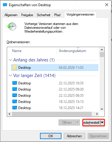 Hervorhrbung der Schaltfläche Wiederherstellen.