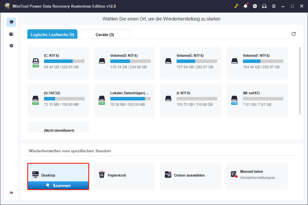 Auswahl der Schaltfläche Scannen zum Durchsuchen des Desktops in MiniTool Power Data Recovery.
