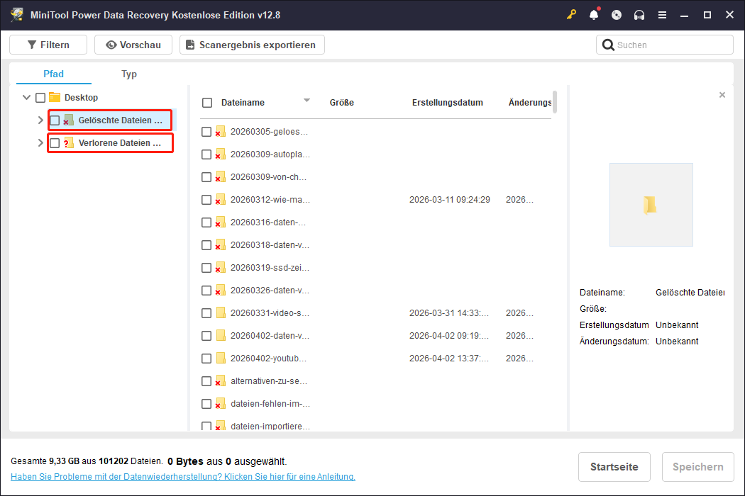 Auffinden des gewünschten Ordners unter der Registerkarte Pfad in MiniTool Power Data Recovery.