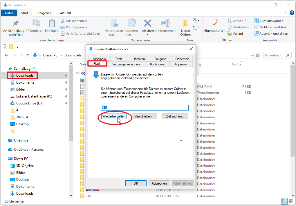 Wiederherstellen von Standard-Pfad des Downloads-Ordners.