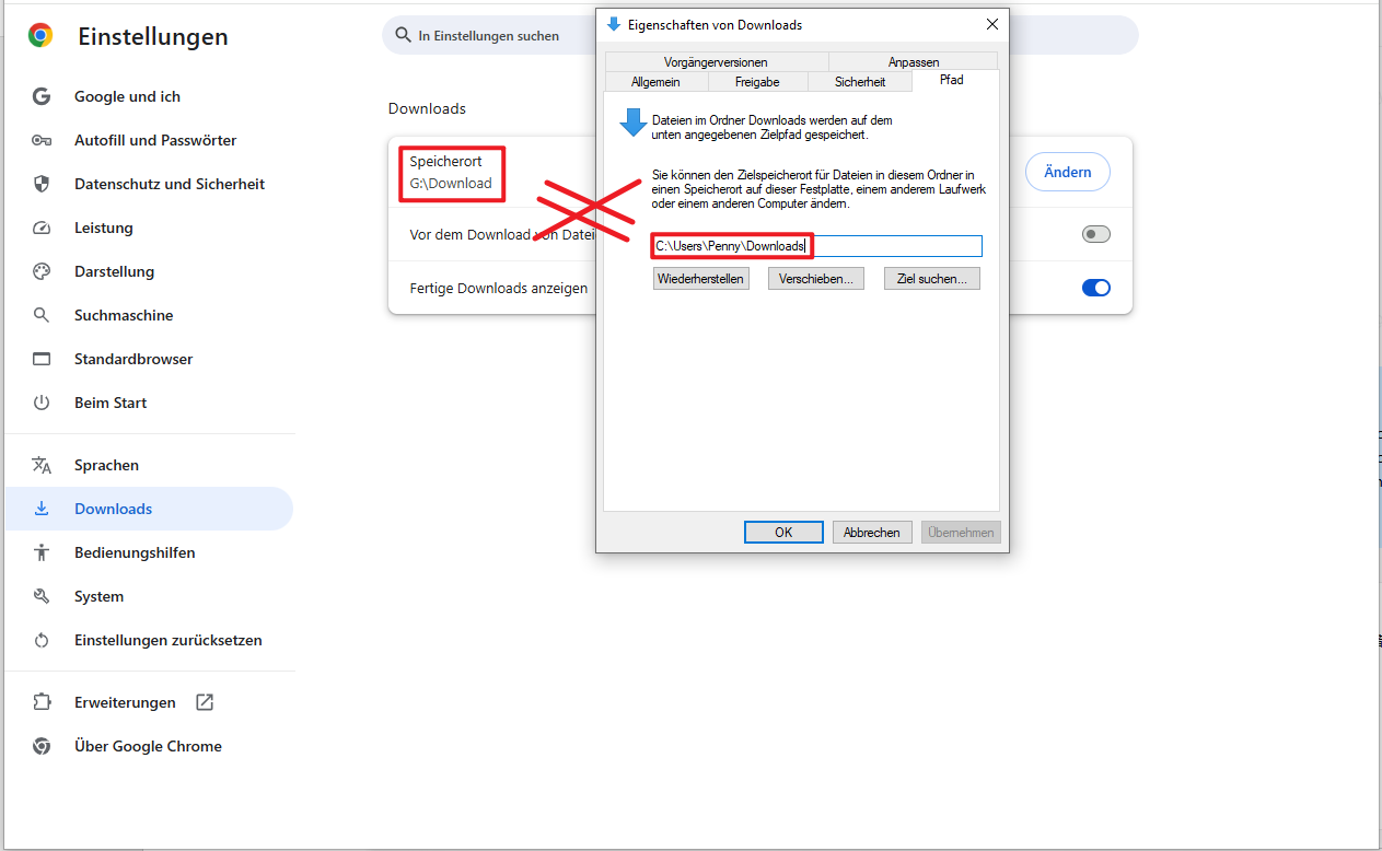 Anzeigen des Downloads-Pfads vom System und Chrome-Browser.