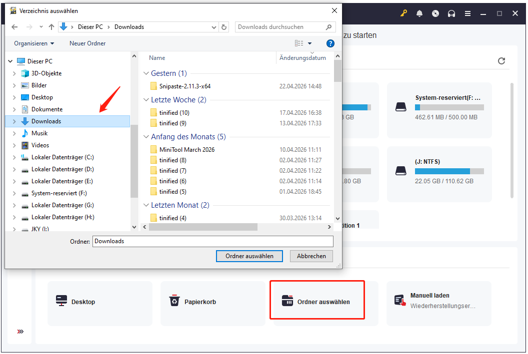 Downloads-Ordner zum Scannen in MiniTool Power Data Recovery auswählen.