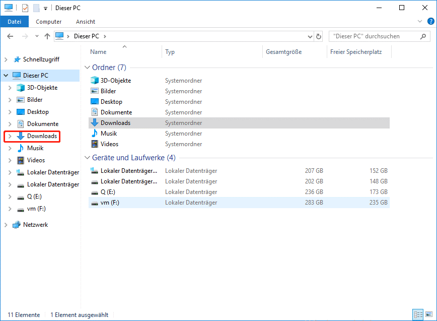 Downloads unter Schnellzugriff anzeigen.