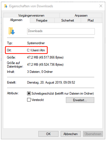 Eigenschaften von Downloads.
