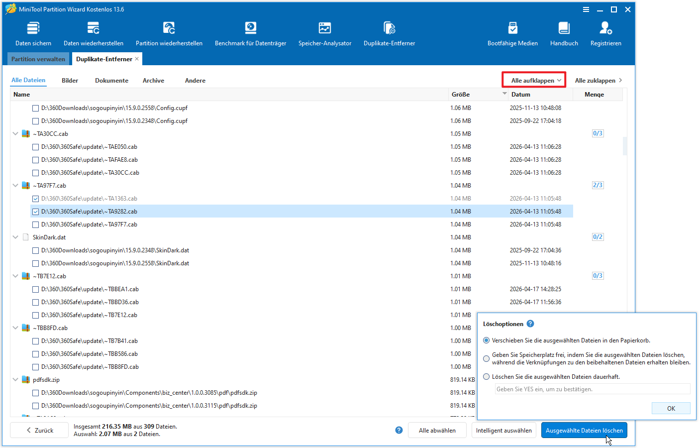 Benutzeroberfläche von MiniTool Partition Wizard Duplikate-Entferner mit ausgewählten Dateien.
