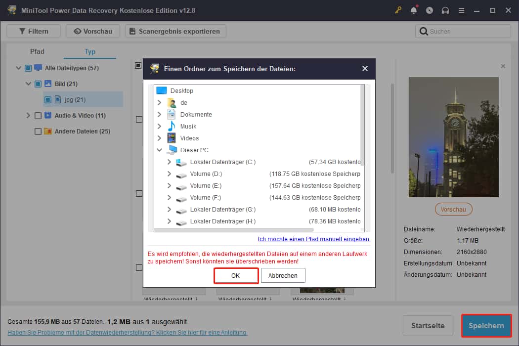 Speicherung wiederhergestellter JPG-Dateien an einem sicheren Speicherort in MiniTool Power Data Recovery.
