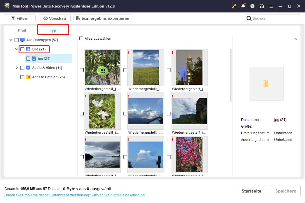 Im Tab Typ zu Bild und jpg gehen, um alle JPEG-Dateien zu finden.