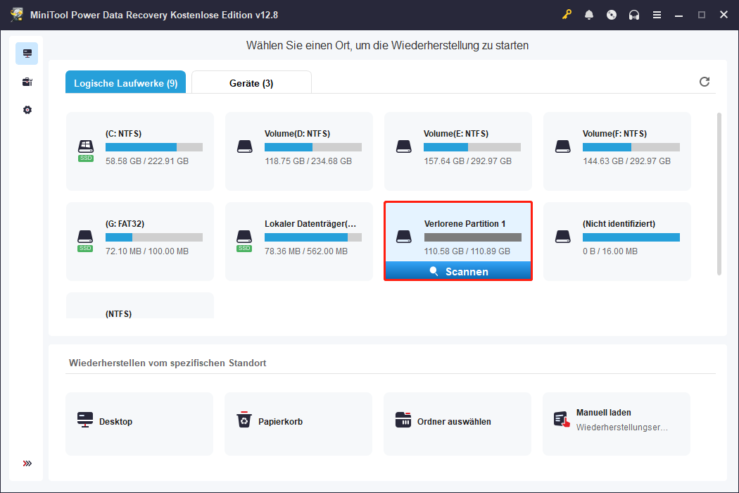 MiniTool Power Data Recovery Hauptoberfläche mit ausgewählter verlorener Partition und markiertem Scan-Symbol.