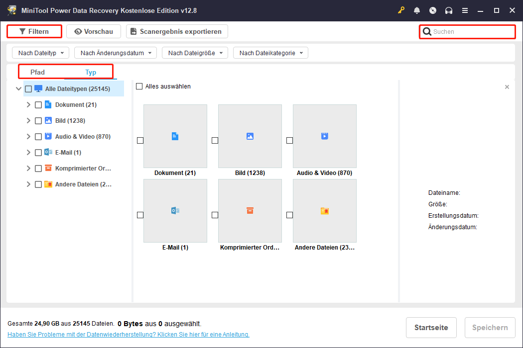 MiniTool Power Data Recovery Scan-Ergebnisse mit Anzeige aller Dateien unter Typ sowie ausgewählten Optionen Pfad, Typ, Filter und Suche.