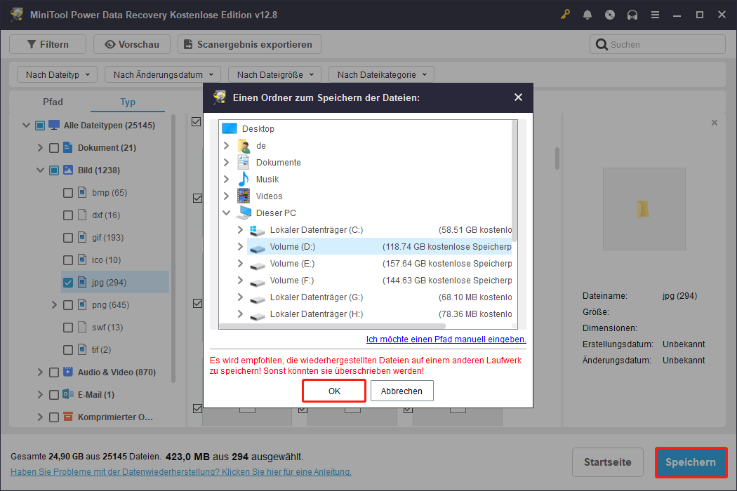 MiniTool Power Data Recovery Oberfläche mit allen Pfaden, ausgewähltem Zielpfad und markierter Schaltfläche Speichern.
