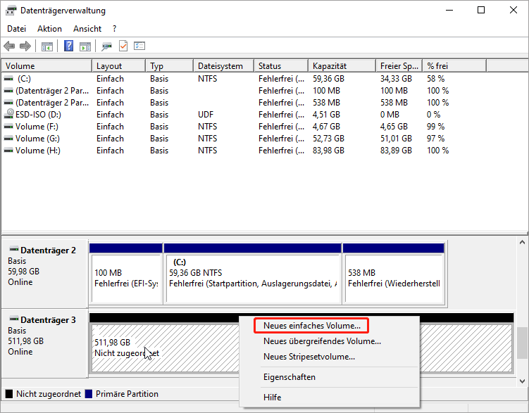 Das Fenster der Datenträgerverwaltung mit ausgewähltem nicht zugeordnetem Speicherplatz und hervorgehobener Option Neues einfaches Volume.