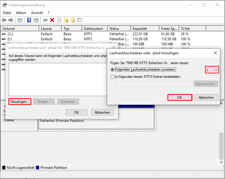 Das Fenster „Laufwerksbuchstaben und -pfade ändern“ in der Datenträgerverwaltung, um einen Laufwerksbuchstaben zur SSD hinzuzufügen.