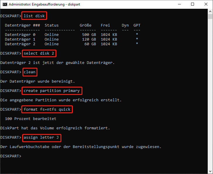 Führen Sie die Befehle aus, um das USB-Laufwerk zu formatieren.