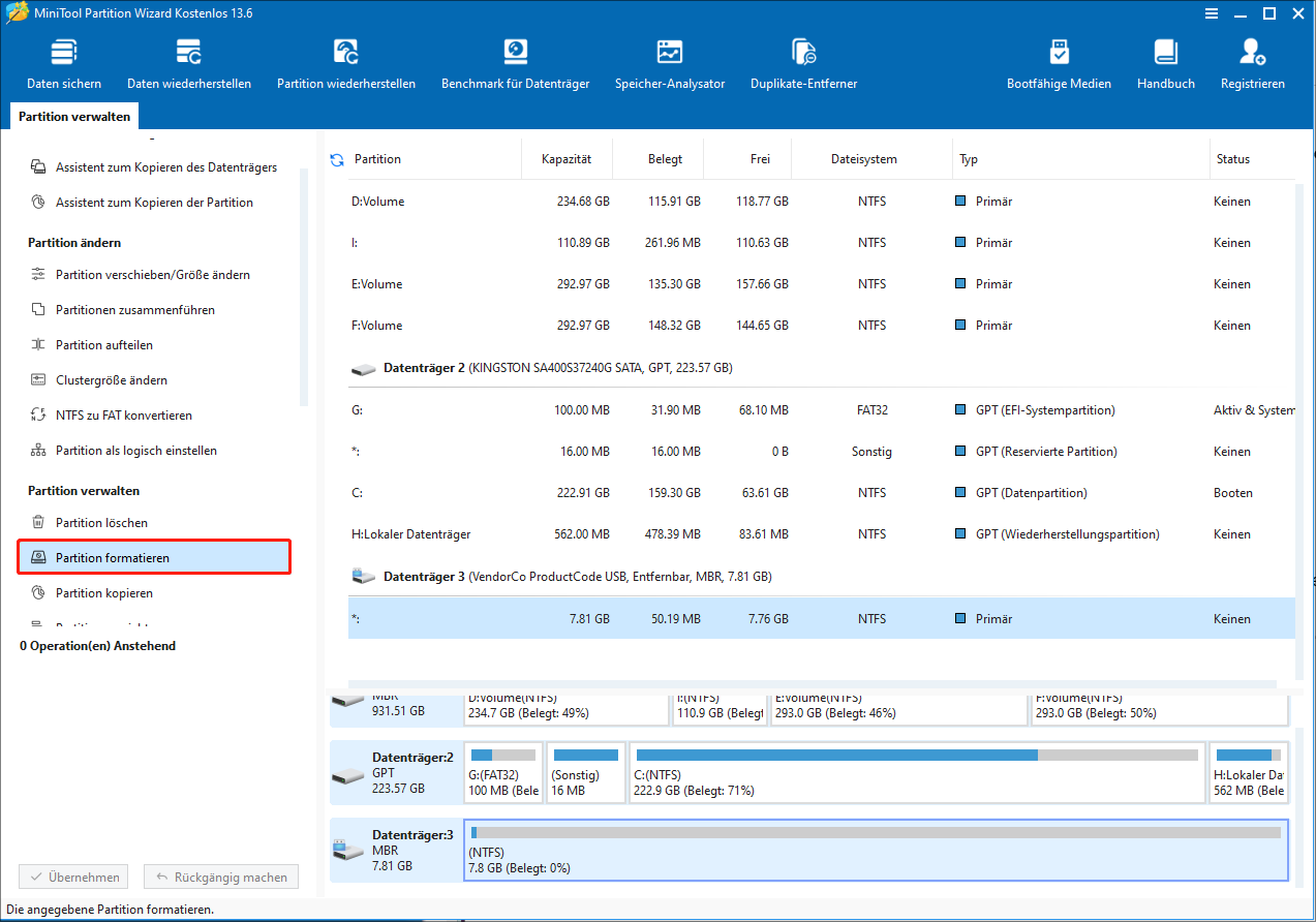 Klicken Sie in MiniTool Partition Wizard auf „Partition formatieren“.