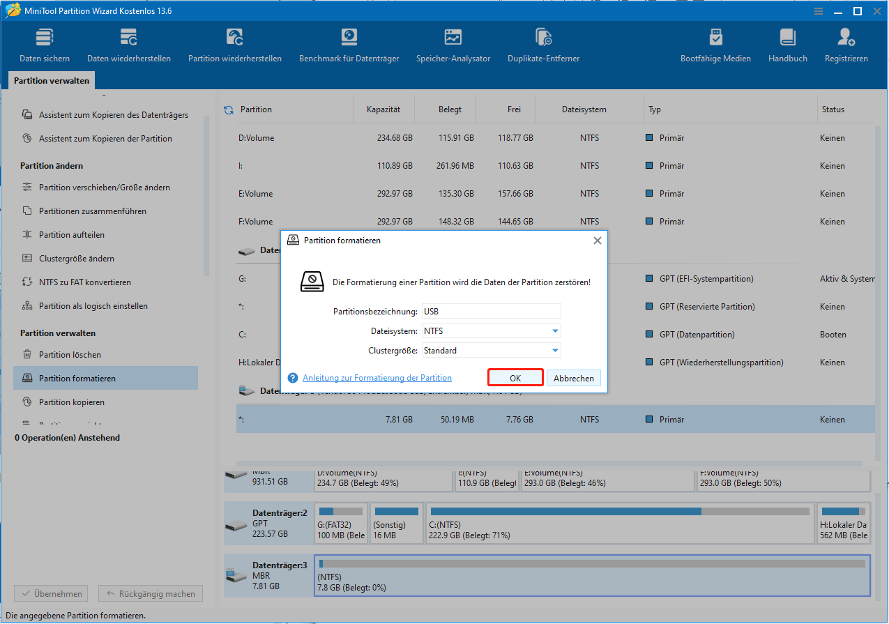 Klicken Sie in MiniTool Partition Wizard auf OK, um den USB-Stick zu formatieren.