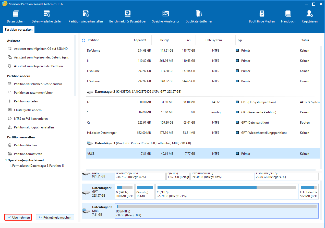 Klicken Sie in MiniTool Partition Wizard auf die Schaltfläche „Übernehmen“.