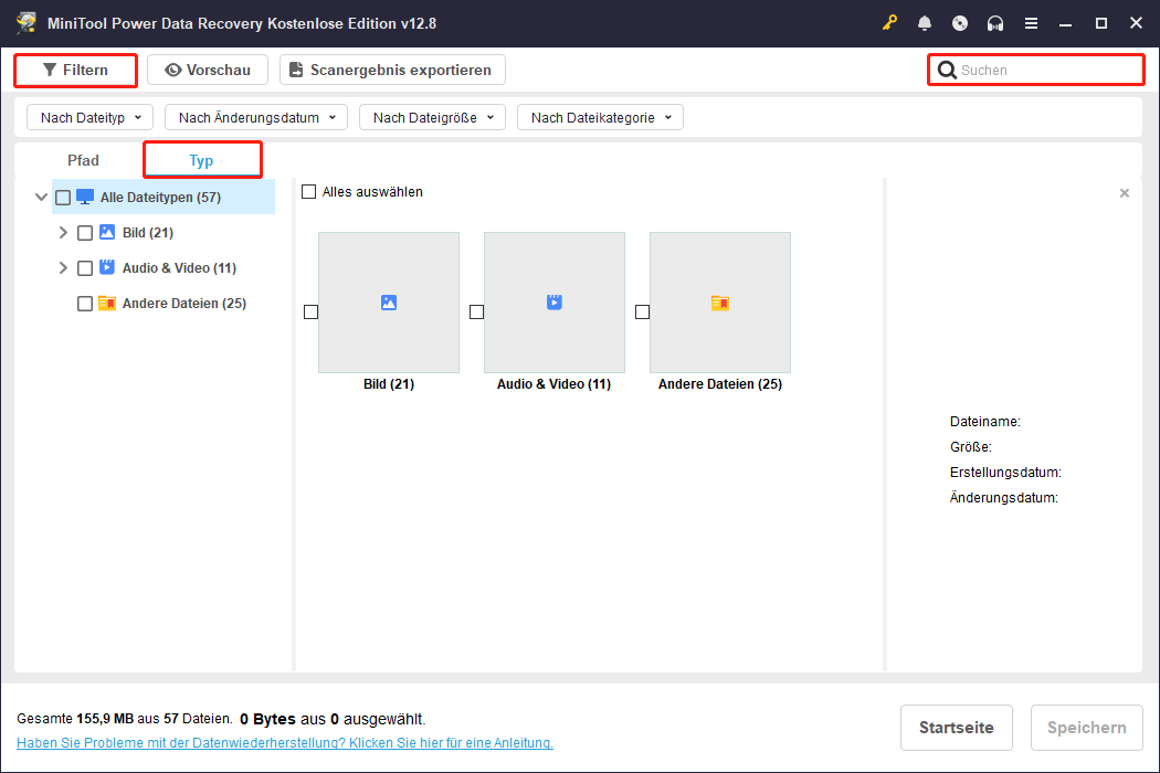 Die Funktionen in MiniTool Power Data Recovery.