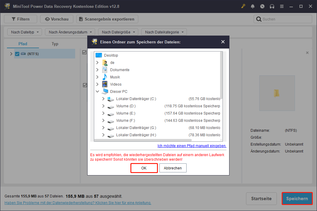 Wählen Sie einen sicheren Speicherort und klicken Sie auf „OK“, um Dateien über MiniTool Power Data Recovery wiederherzustellen.