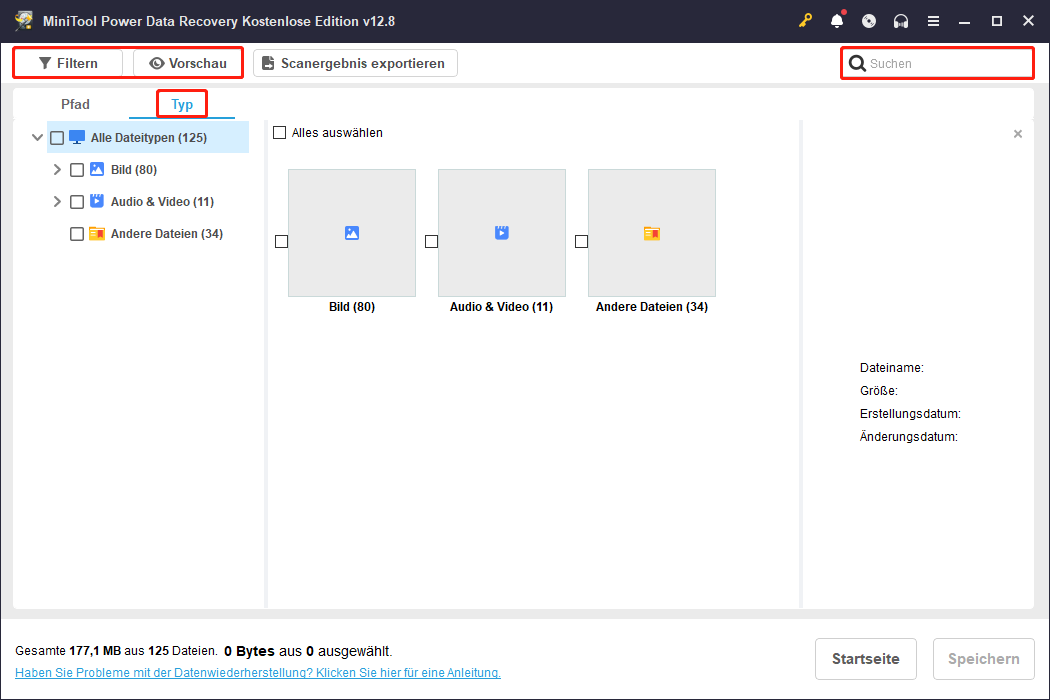 Nützliche Funktionen in MiniTool Power Data Recovery.