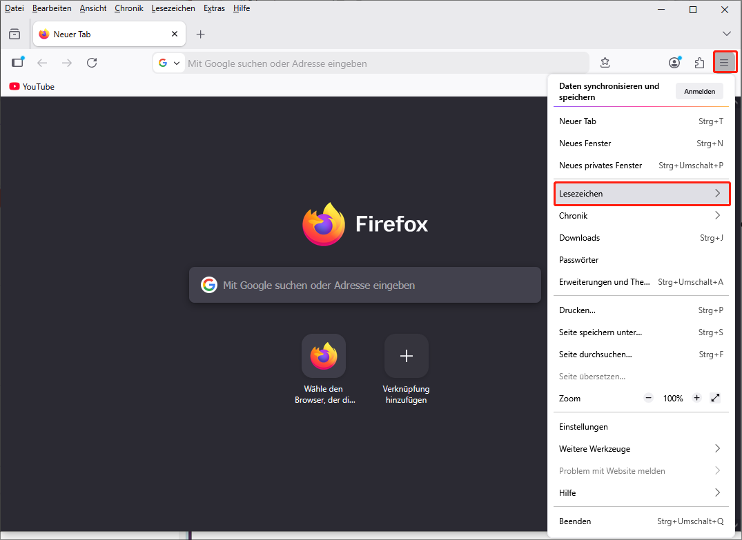 Firefox-Menüschaltfläche und Auswahl der Option Lesezeichen.