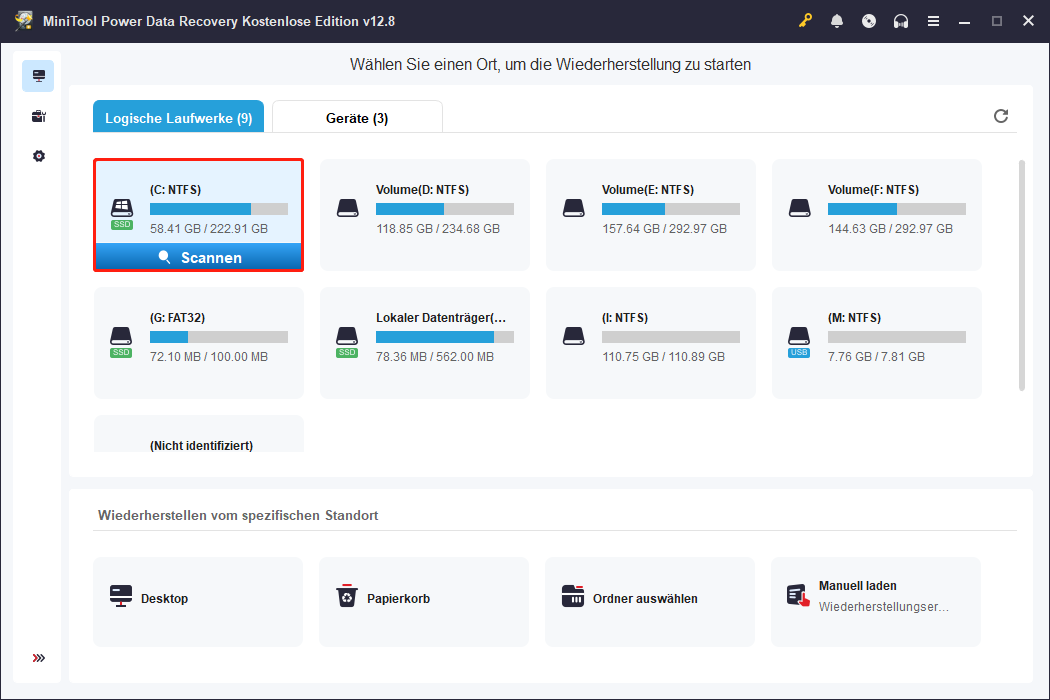 Auswahl der Schaltfläche Scannen zur Auffindung der Datei places.sqlite oder des Ordners bookmarkbackups in MiniTool Power Data Recovery.