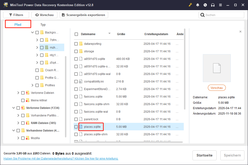 Verwendung der Funktion Pfad zur Auffindung der Datei places.sqlite in MiniTool Power Data Recovery.