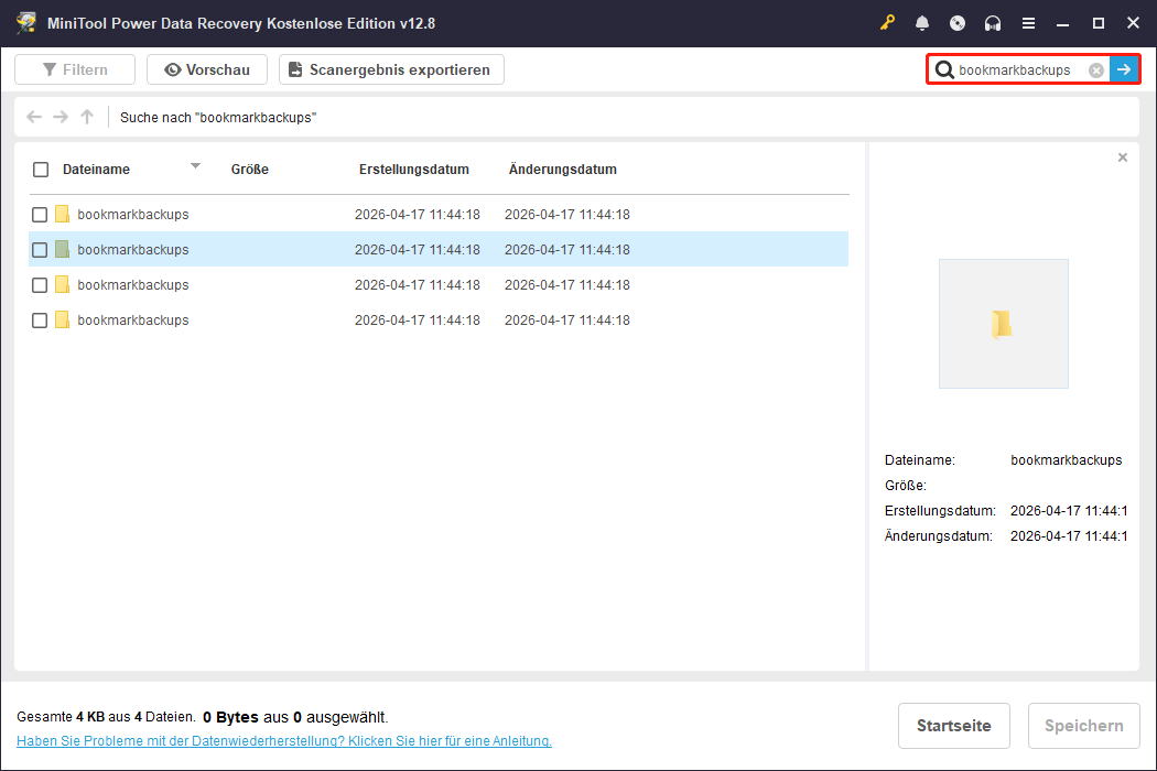 Verwendung der Suchfunktion zur Auffindung des Ordners bookmarkbackups in MiniTool Power Data Recovery.