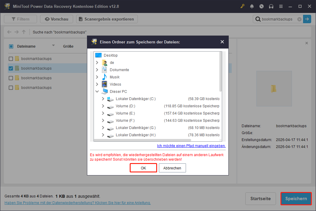 Auswahl der Schaltfläche OK zur Speicherung der wiederhergestellten Datei an einem sicheren Speicherort in MiniTool Power Data Recovery.