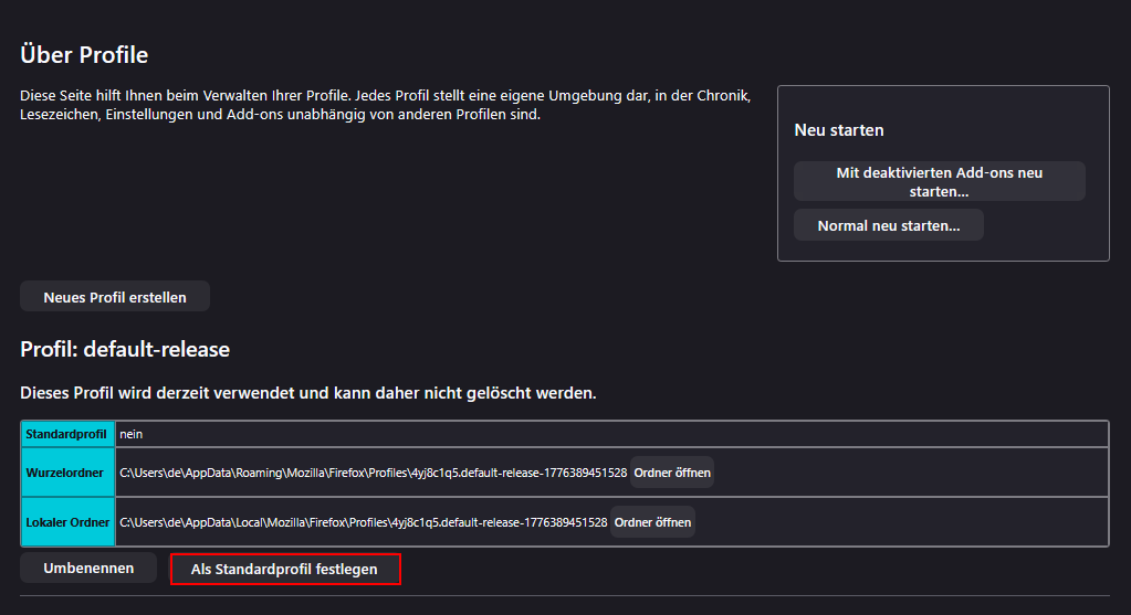 Auswahl der Option Als Standradprofil festlegen.