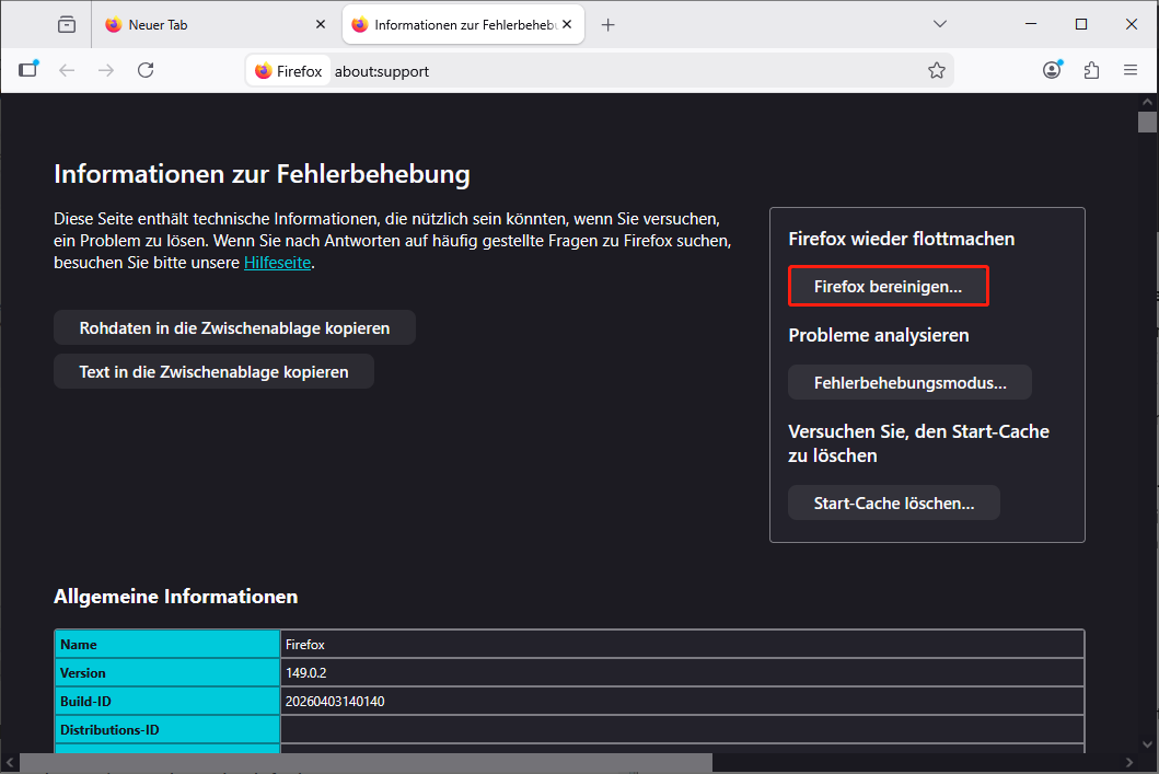 Auswahl der Schaltfläche Firefox bereinigen.
