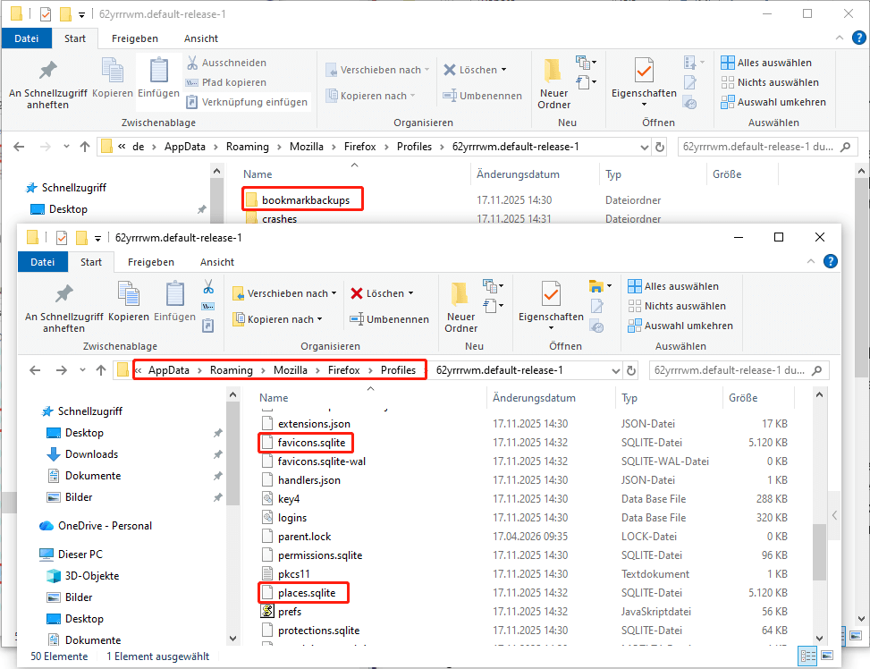 Detailinformationen zur Firefox-Lesezeichendatei.