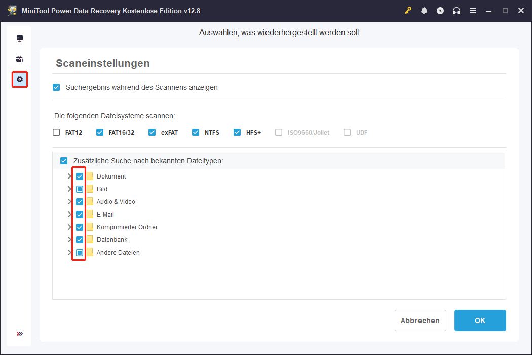 Scaneinstellungen von MiniTool Power Data Recovery.