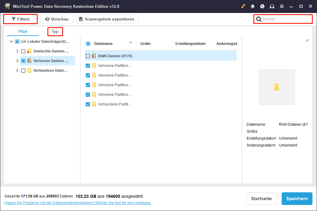 Filterfunktion von MiniTool Power Data Recovery.