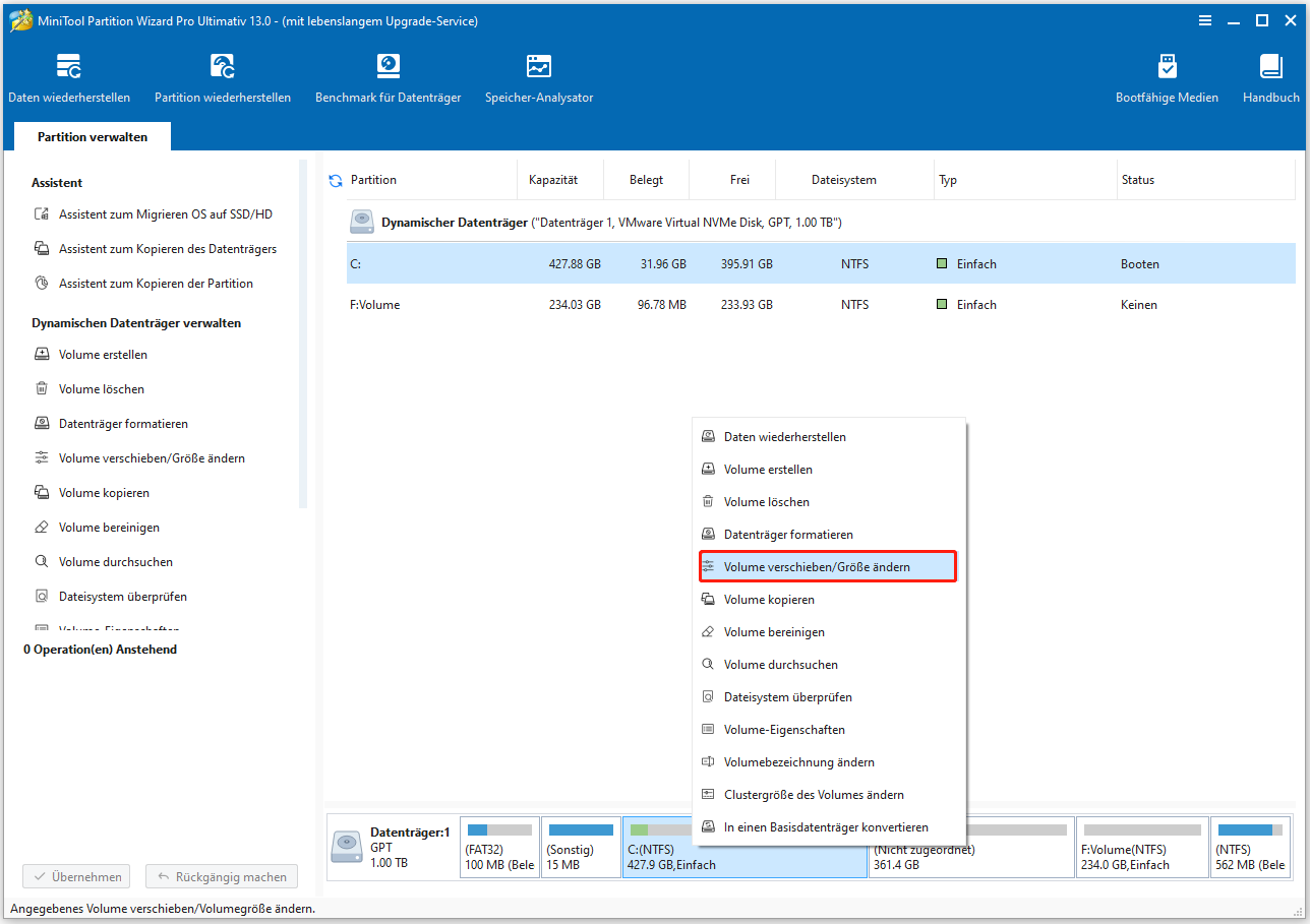 Wählen Sie das Laufwerk C und wählen Sie Volume verschieben oder Größe ändern in Partition Manager.