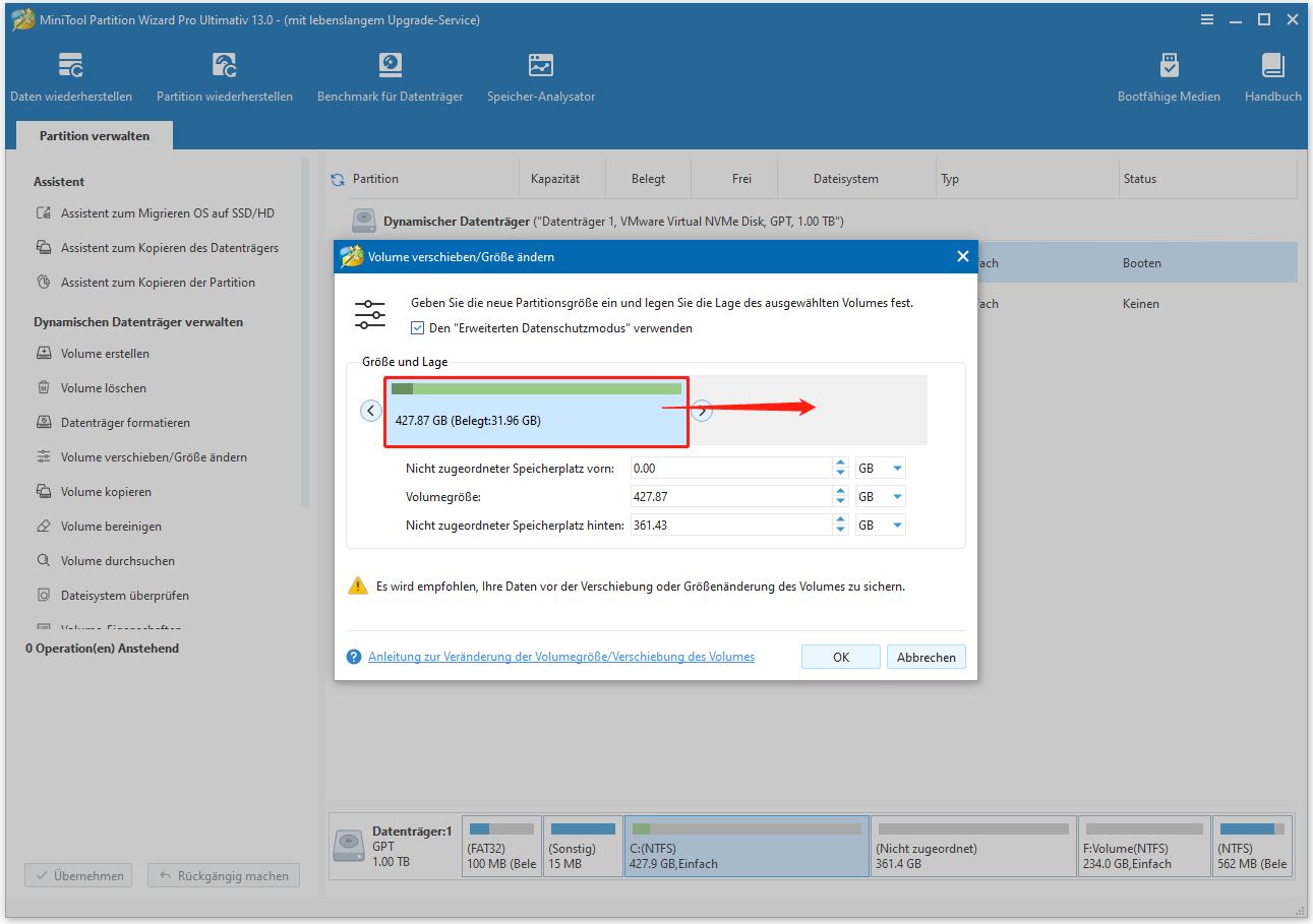 Nicht zugewiesenen Speicherplatz belegen und Änderungen in Partition Manager speichern.