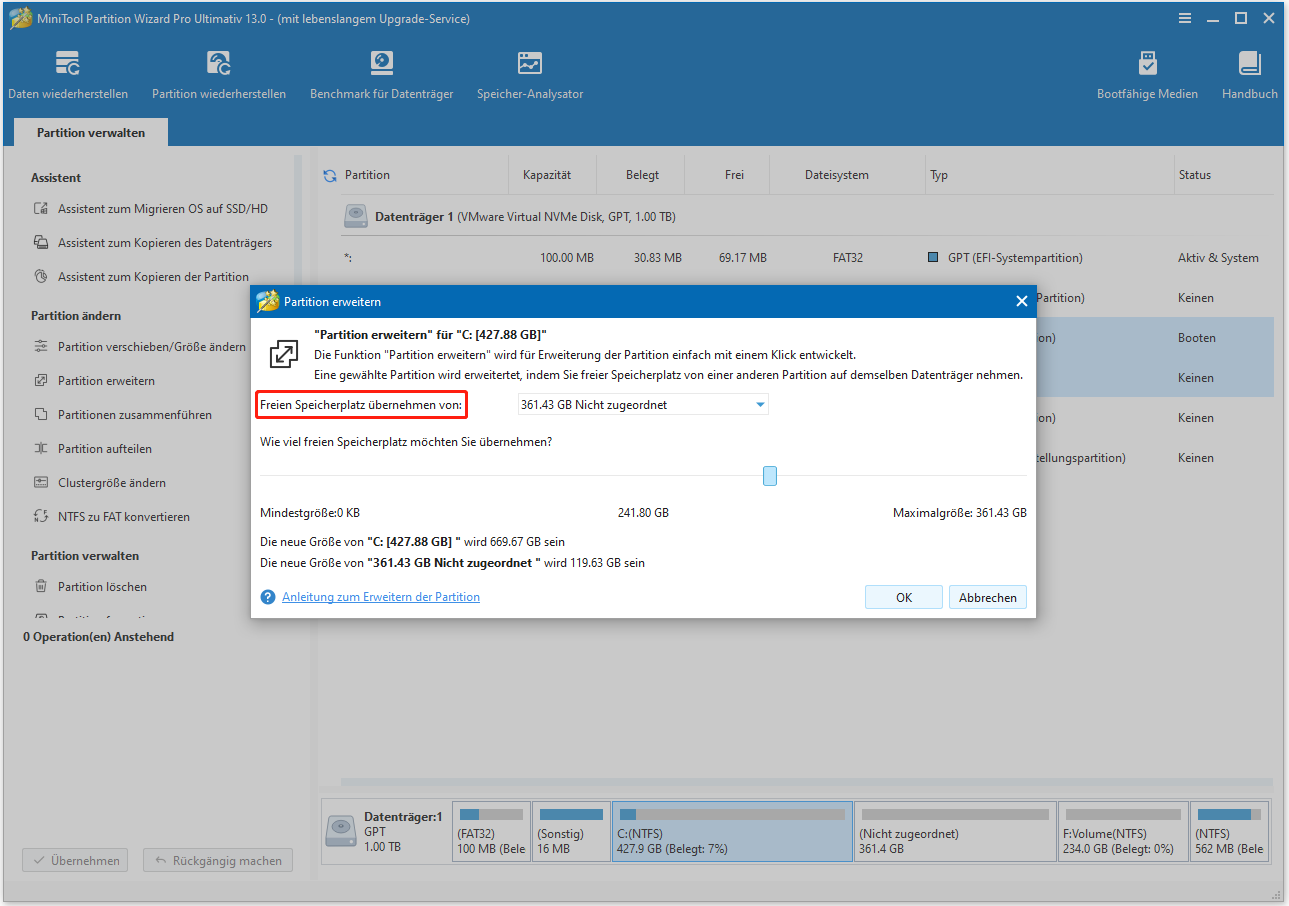 Nehmen Sie mit Partition Magic freien Speicherplatz von anderen Partitionen.