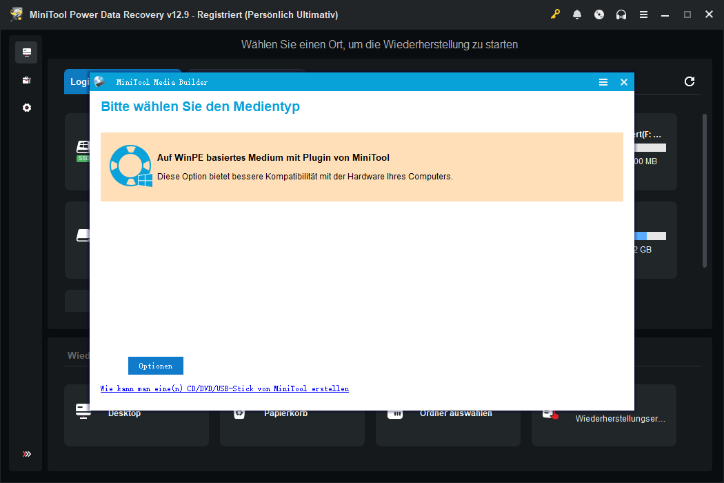 Erstellen von bootfähigem Medium in MiniTool Power Data Recovery.