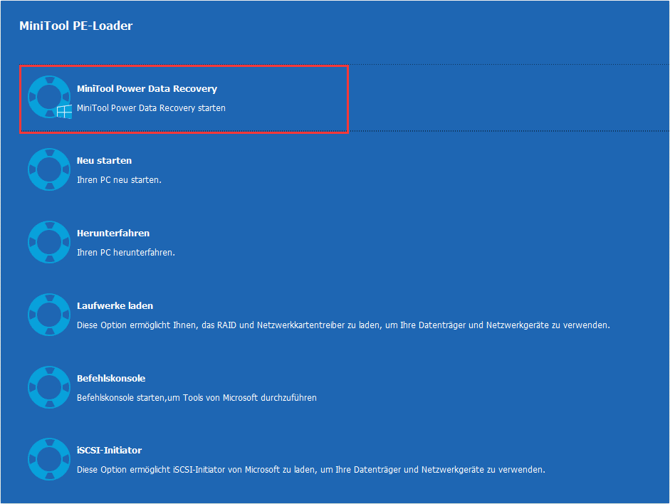 Die Schnittstelle von PE-Loader von MiniTool Power Data Recovery.