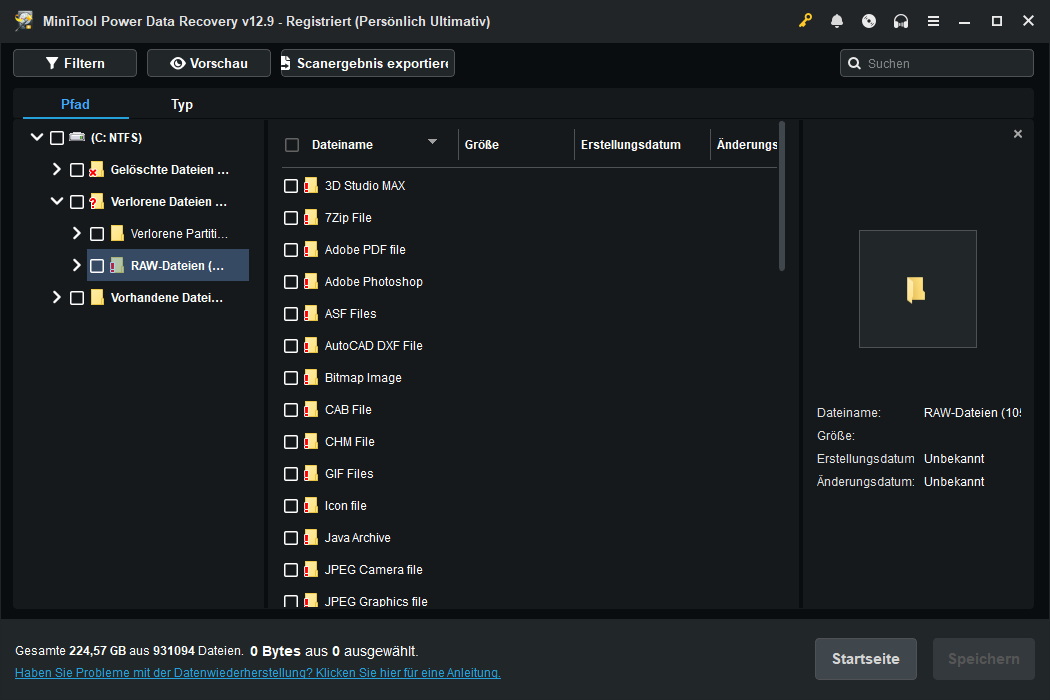 Die Scanergebnisse vom Laufwerk C in MiniTool Power Data Recovery.