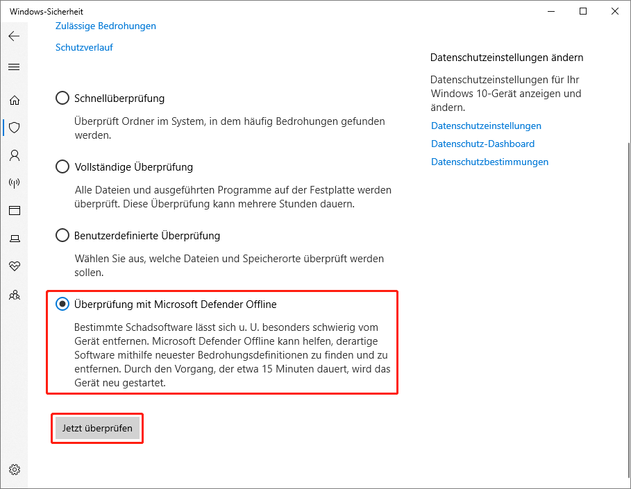 Windows-Sicherheitsoberfläche mit ausgewählter Option Überprüfung mit Microsoft Defender Offline und ausgewählter Schaltfläche Jetzt überprüfen.