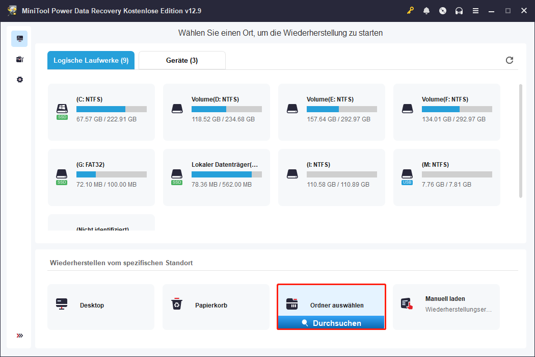 Hauptoberfläche von MiniTool Power Data Recovery mit ausgewählten Symbolen Ordner auswählen und Durchsuchen.