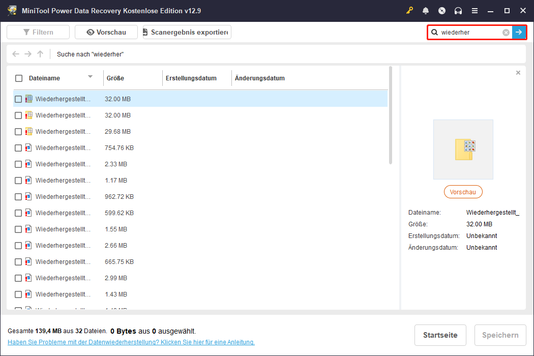 MiniTool Power Data Recovery-Oberfläche mit Anzeige der Suchergebnisse für den Dateinamen widerher.