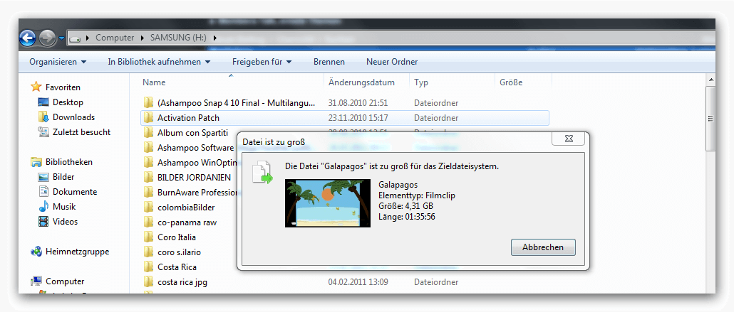Die Datei ist zu groß für das Zieldateisystem