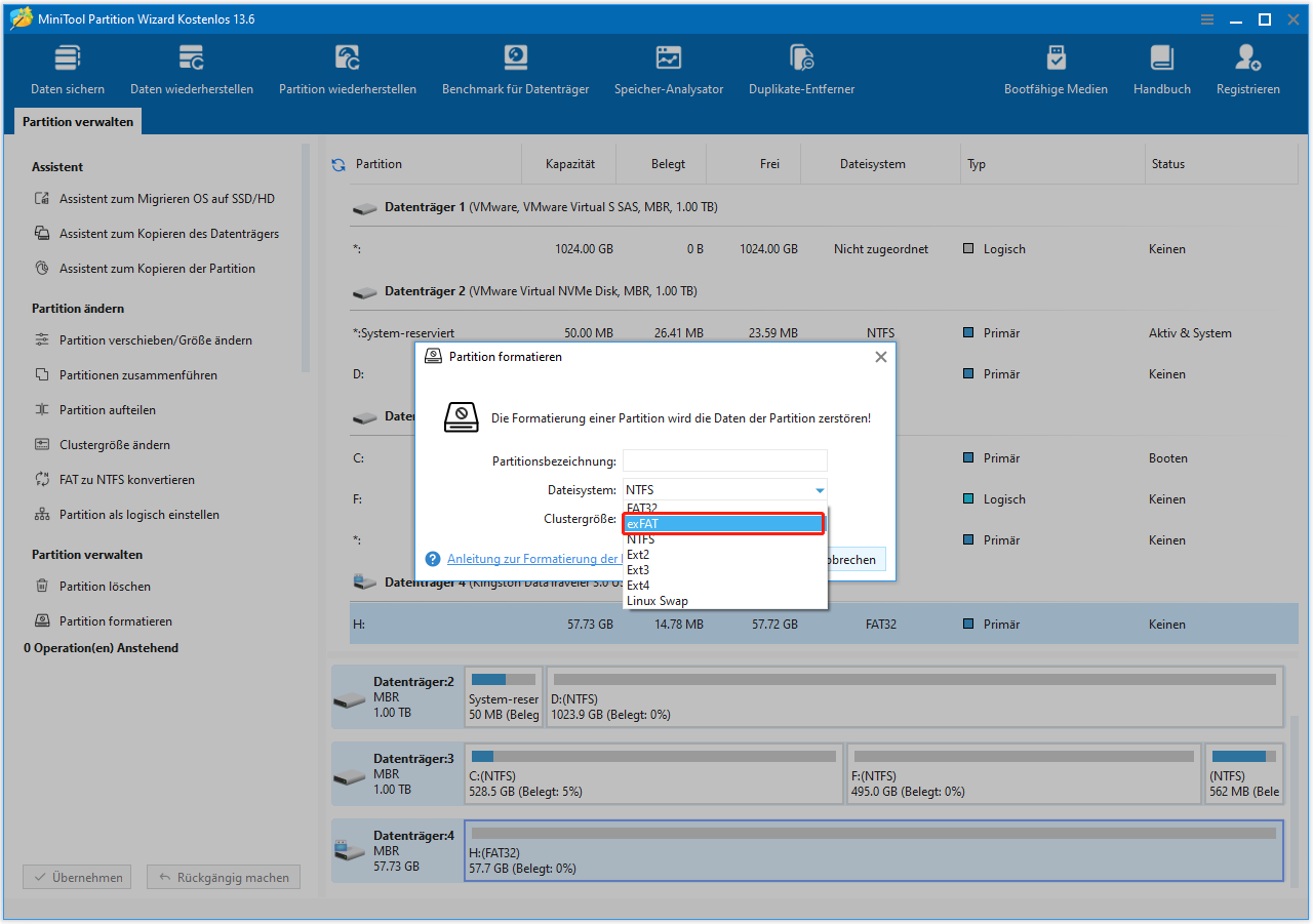 USB-Stick in MiniTool Partition Wizard mit ausgewähltem exFAT-Dateisystem.