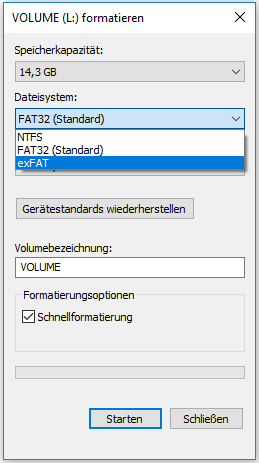 USB-Stick im Datei Explorer mit ausgewähltem exFAT-Dateisystem.
