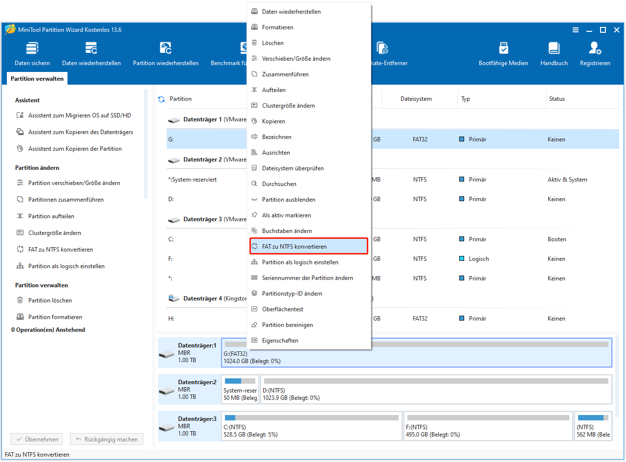 FAT32 in NTFS mit MiniTool Partition Wizard konvertieren.