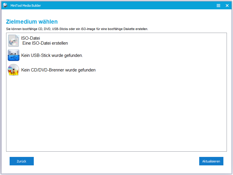 3 Optionen in MiniTool Partition Wizard zur Erstellung eines bootfähigen Mediums.