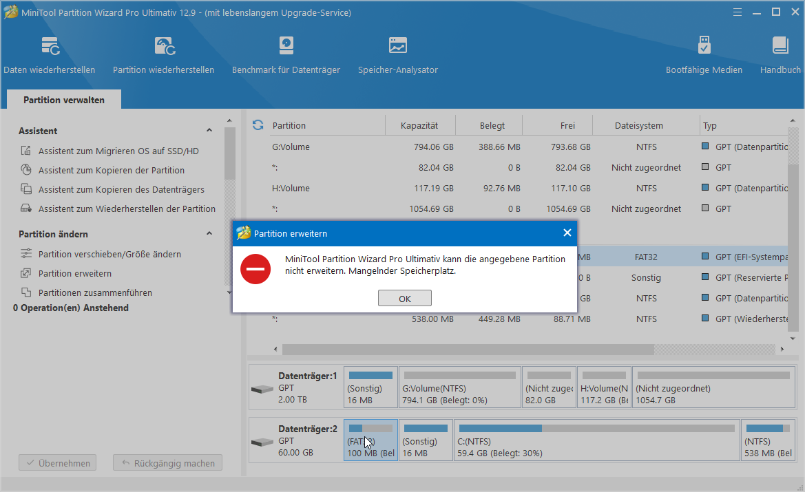 Fehlermeldung „Mangelnder Speicherplatz“ in MiniTool Partition Wizard.
