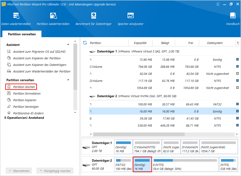 Partition Sonstig in MiniTool Partition Wizard Bootfähig mit der Funktion „Partition löschen“ löschen.